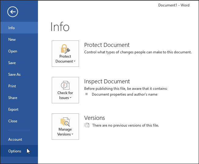 Открытие параметров Word