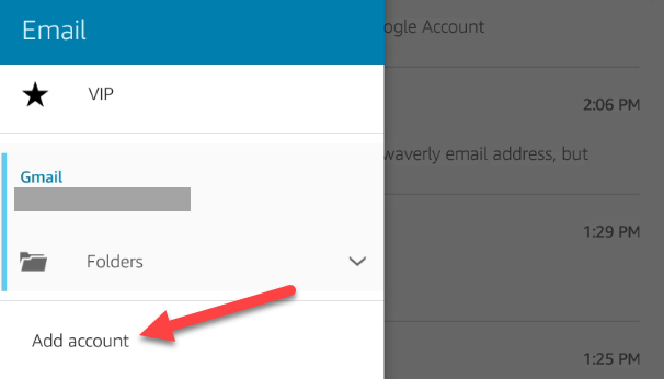 Добавить аккаунт через меню приложения Email.