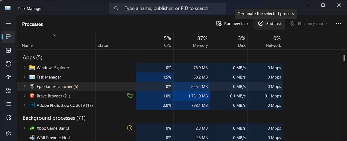 Остановите фоновые процессы Epic Games в Диспетчере задач