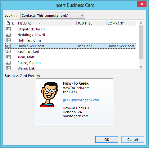 Выбор контактной визитки для прикрепления