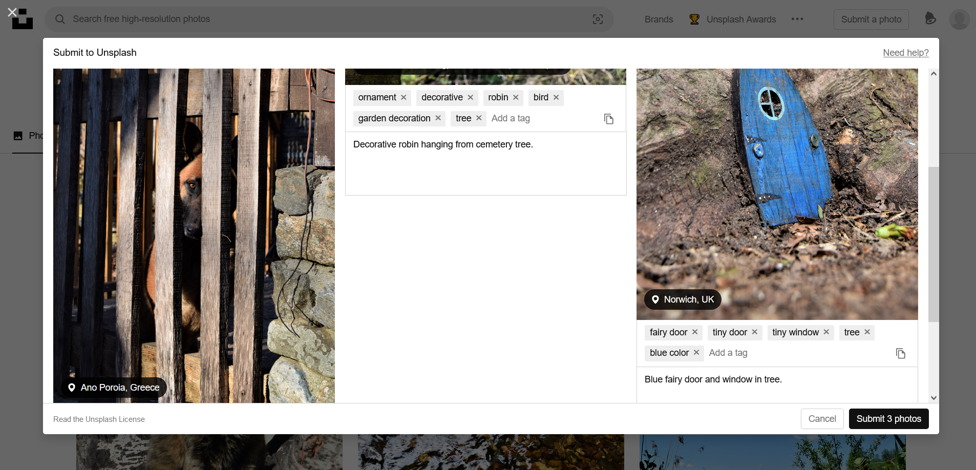 Форма добавления метаданных при загрузке на Unsplash