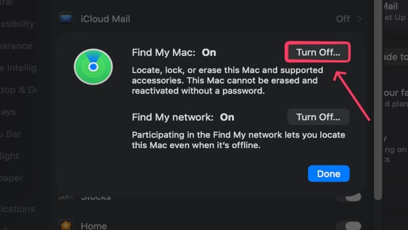 Отключение Find My Mac