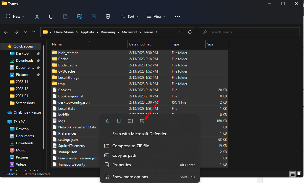Файлы Teams в папке %appdata%MicrosoftTeams выделены для удаления