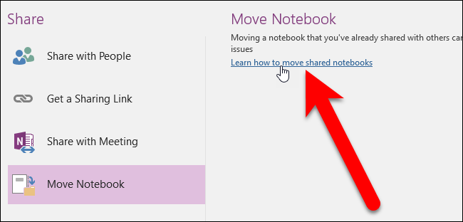 Экран перемещения блокнота в OneNote 2016