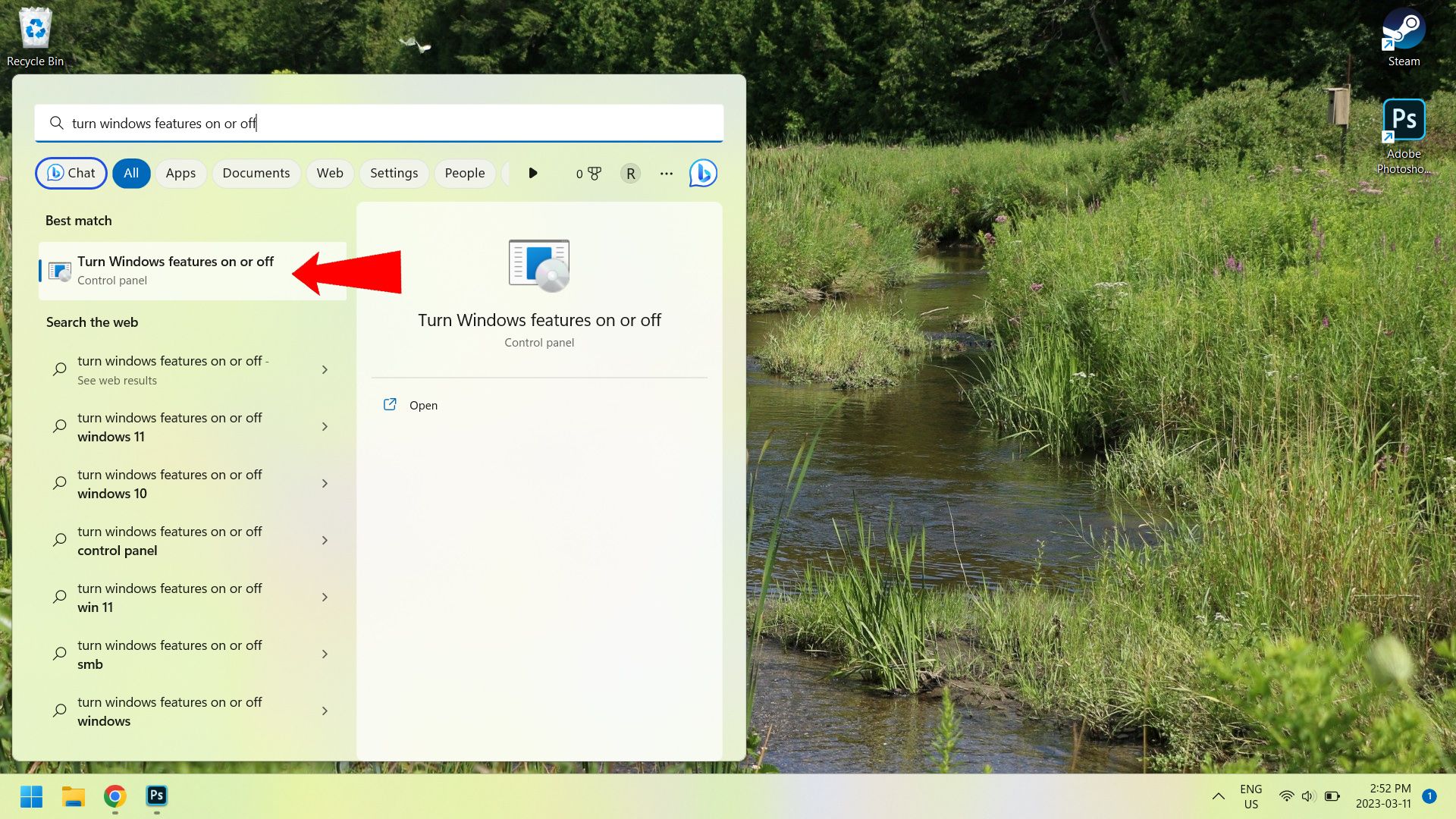 Стрелка указывает на результат поиска, ведущий в окно компонентов Windows.