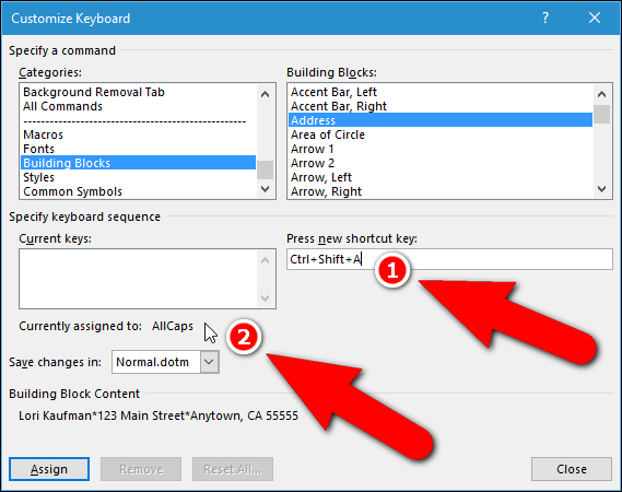Назначение сочетания клавиш для записи AutoText