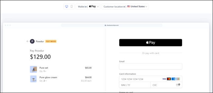 Консоль Stripe — настройки Apple Pay и доменов