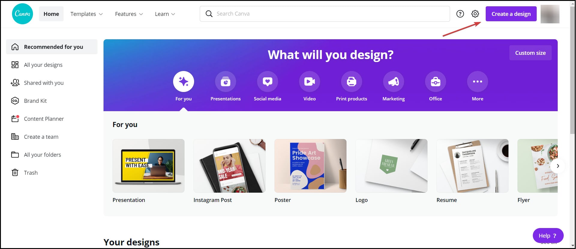Кнопка Create a design в Canva