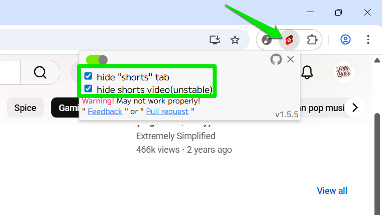 Интерфейс расширения Youtube‑shorts block с выключенными Shorts