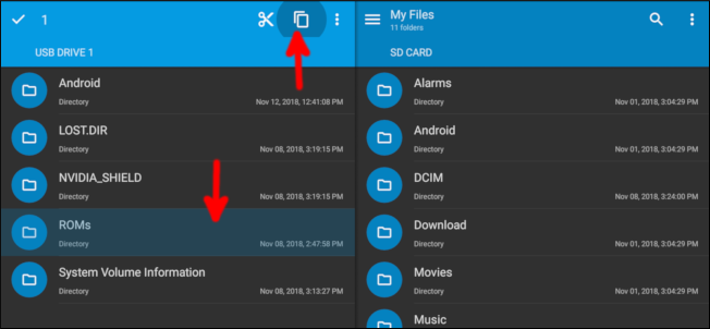 Выбор папки ROMs для копирования в Solid Explorer