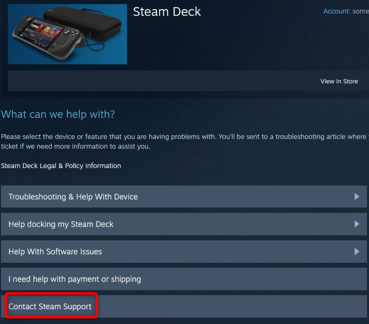 Кнопка Связаться со службой поддержки на странице поддержки Steam Deck