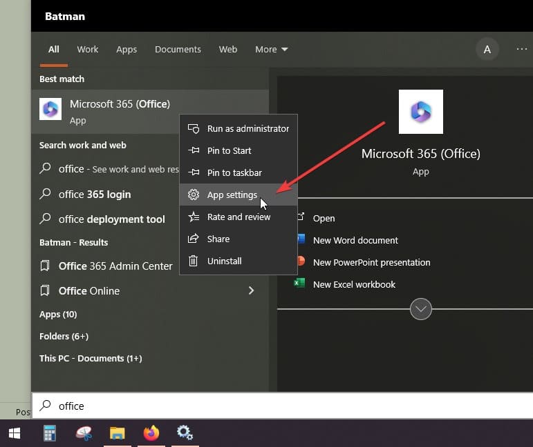 Liste des paramètres applicatifs montrant Microsoft Office