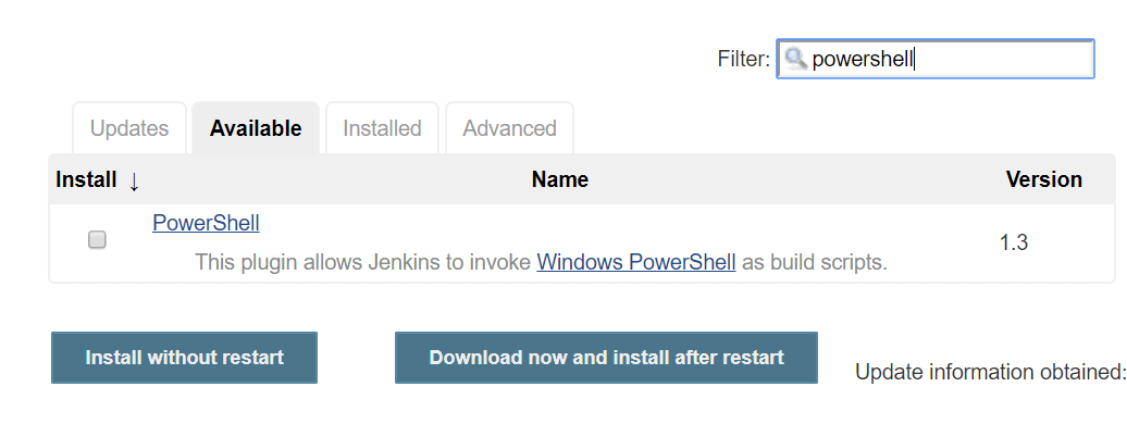 Вкладка доступных плагинов в Менеджере плагинов Jenkins