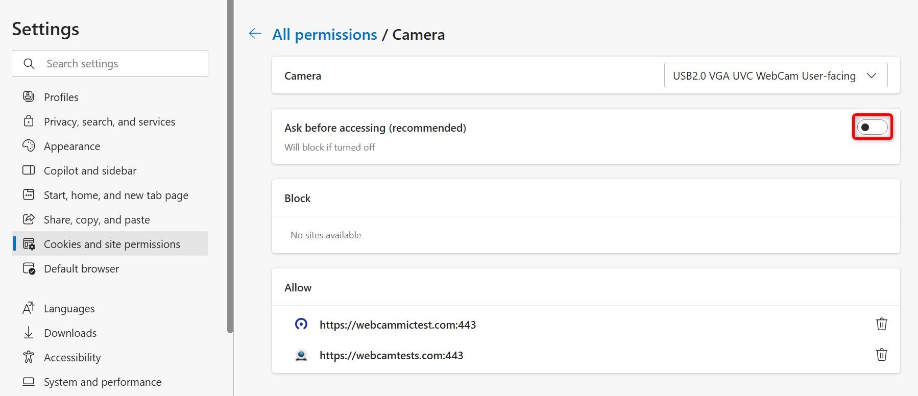 В Microsoft Edge выделена опция 