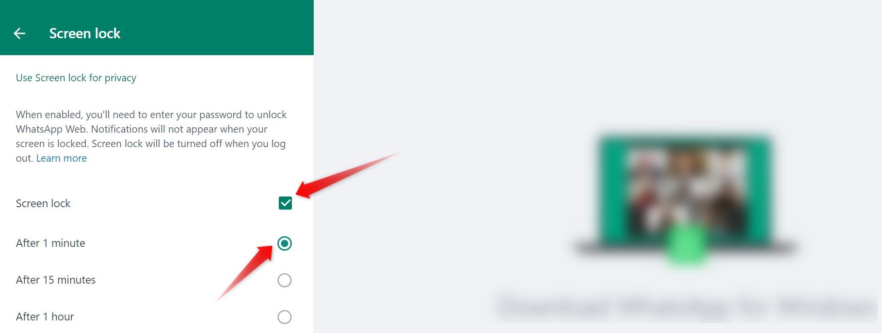 Selecting the time to auto-enforce screen lock on WhatsApp Web.