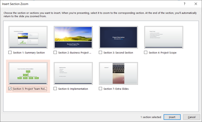 Выбор раздела для Section Zoom