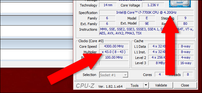 CPU‑Z показывает текущую частоту и множитель