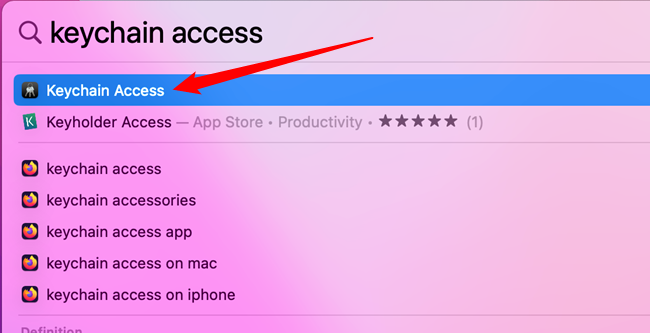 Открытие Keychain Access через Spotlight