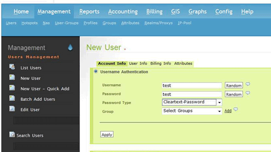 Создание пользователя в daloradius с выбором Cleartext-Password