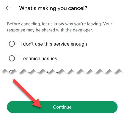 Выбор причины отмены и кнопка Продолжить.