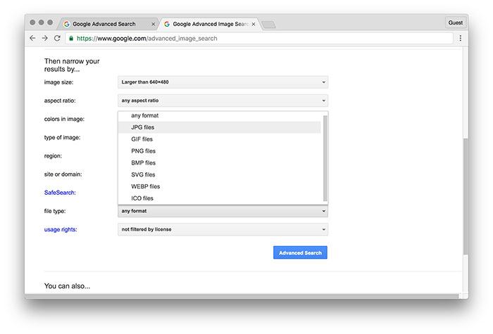 Фильтр типа файла изображений, выбран JPG