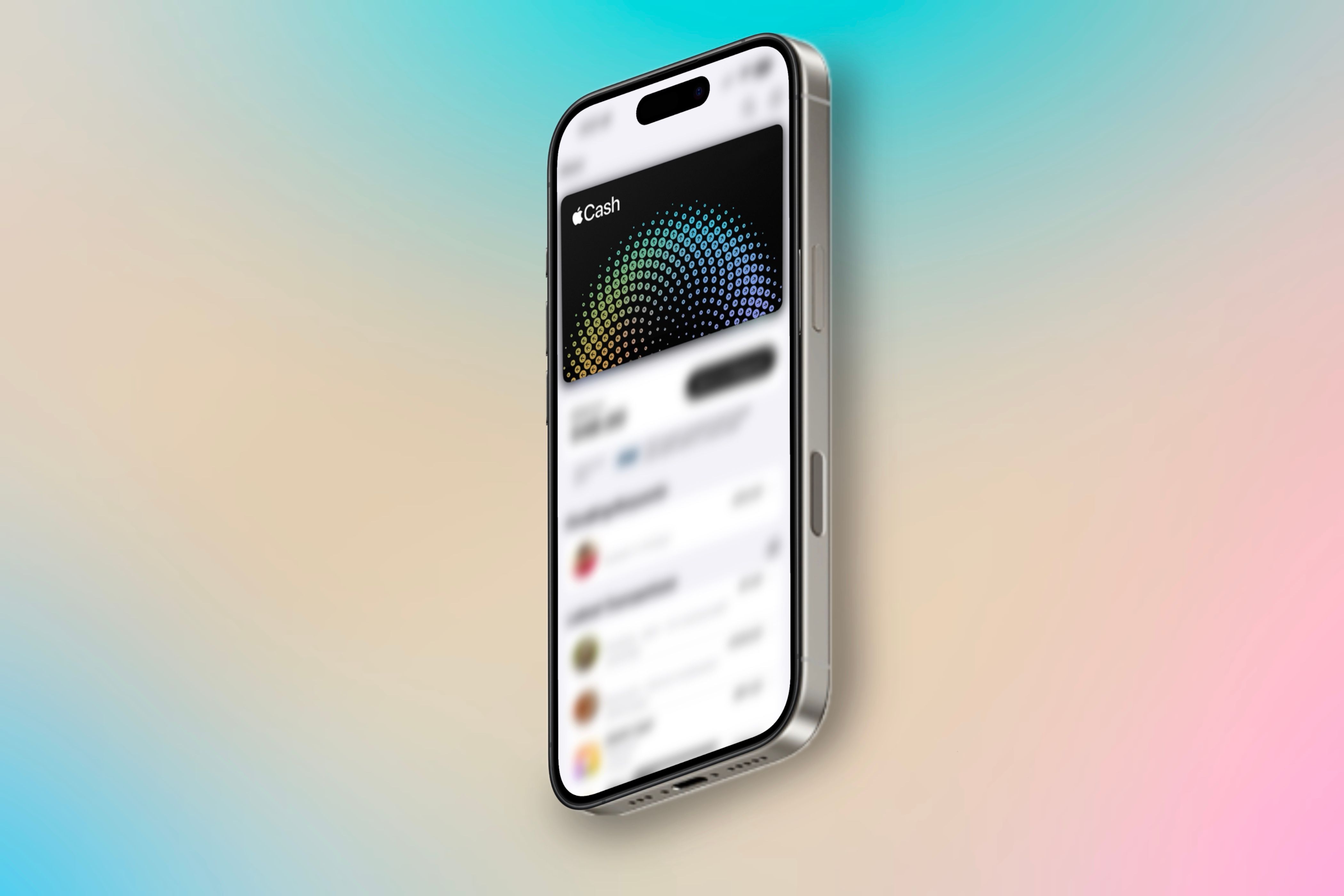 Карта Apple Cash в Wallet на iPhone на фоне цветного изображения.