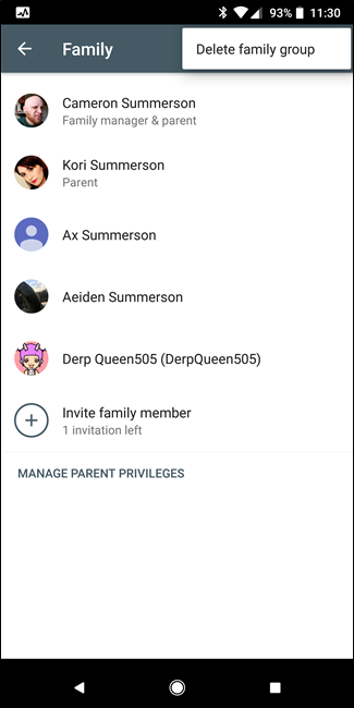 Экран с опцией удаления семьи или выхода из семьи
