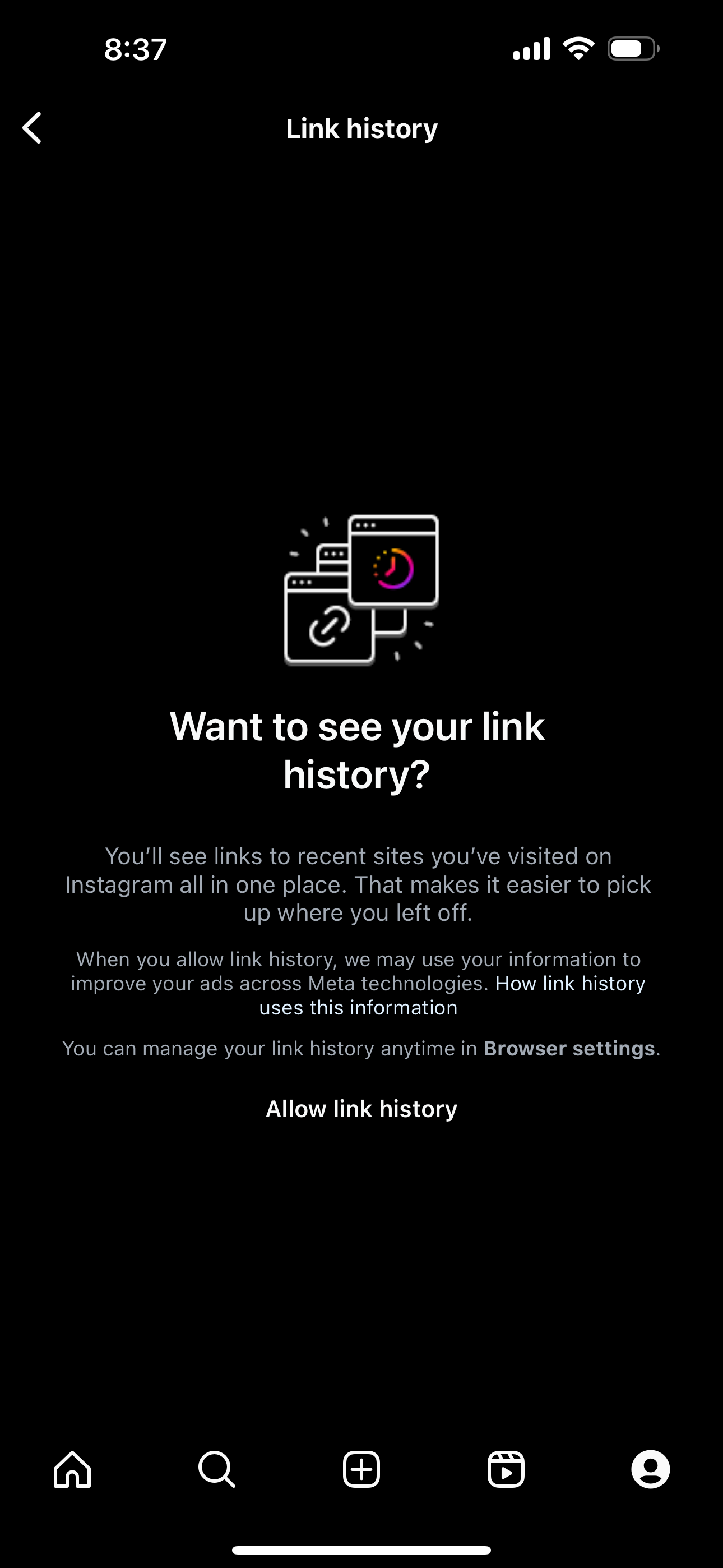 Instagram prompting to enable Link History