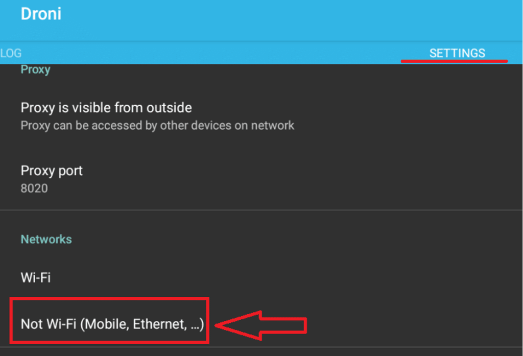 Droni настройки Not Wi‑Fi с полями Host, Port и Authentication