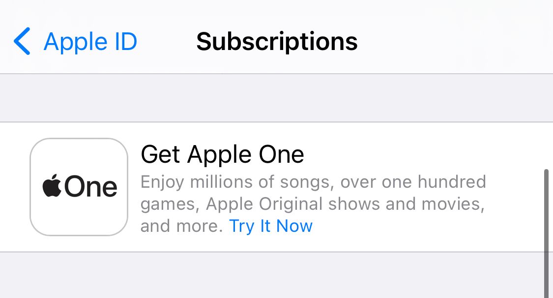 Экран настроек подписок на iPhone: кнопка Получить Apple One