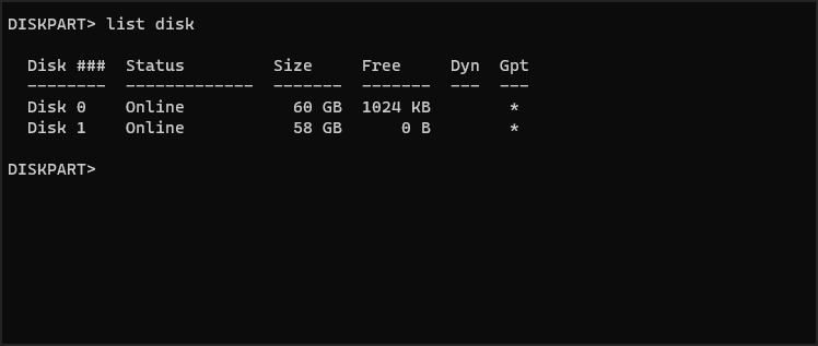 Список дисков в diskpart — определение флешки