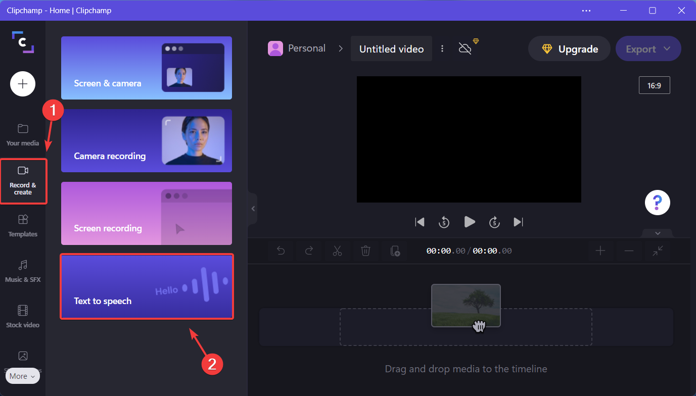 Вкладка 'Записать и создать' с опцией 'Текст в речь'