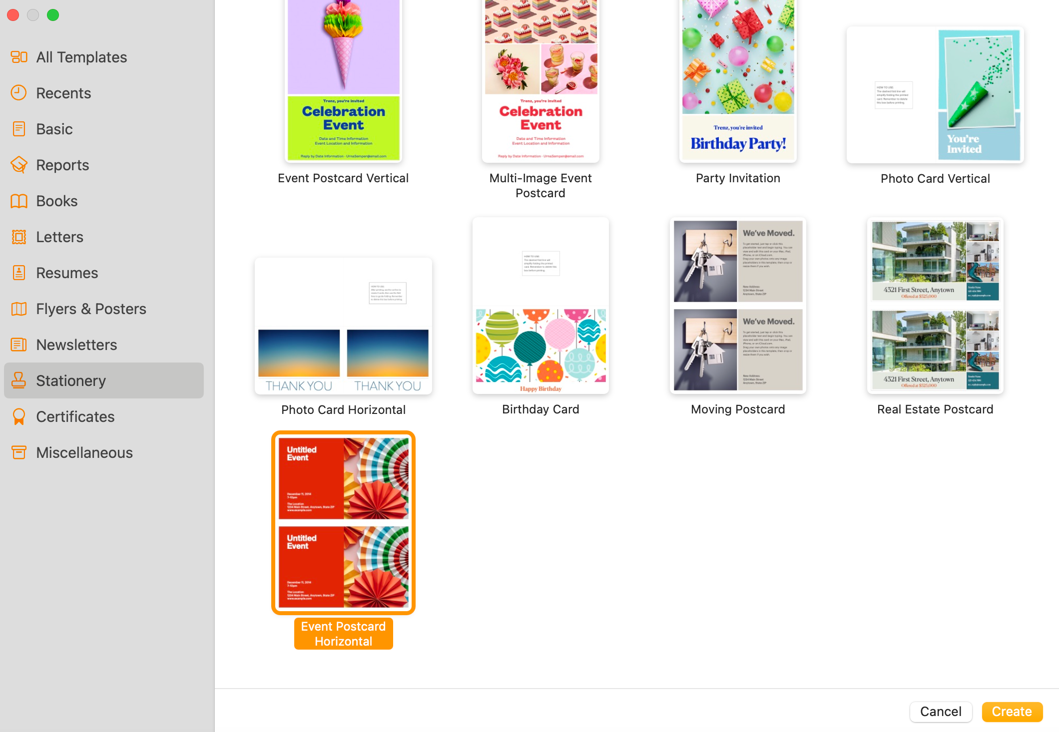 Снимок экрана шаблонов в Apple Pages.