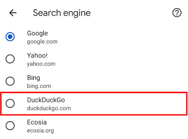Выбор альтернативного поисковика в списке доступных опций.