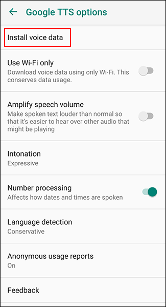 Выберите Установить данные голосов в настройках Google TTS
