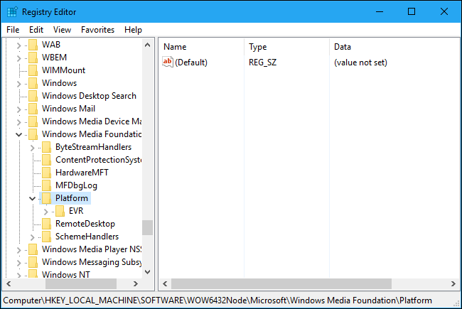 Навигация к ключу Windows Media Foundation Platform