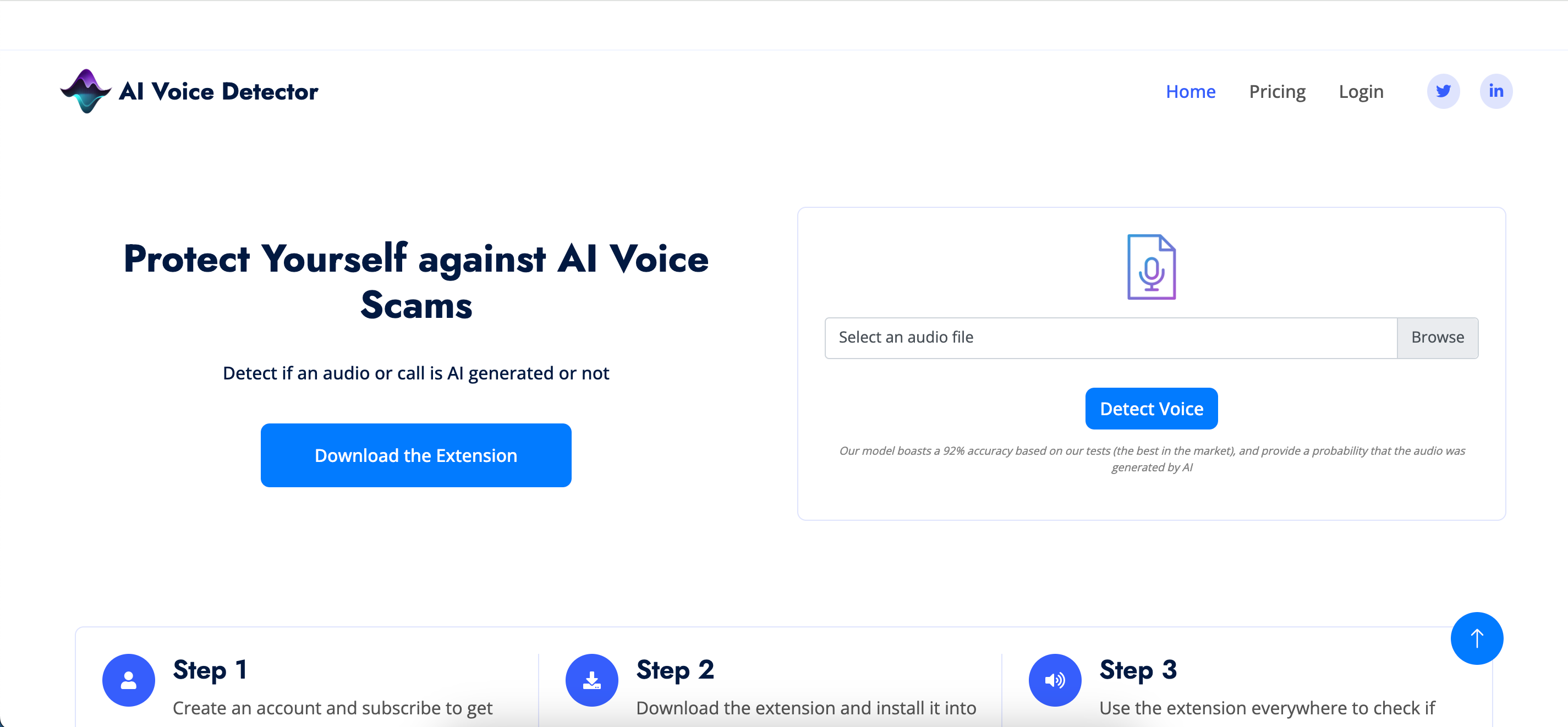 Страница детекции голоса AI Voice Detector