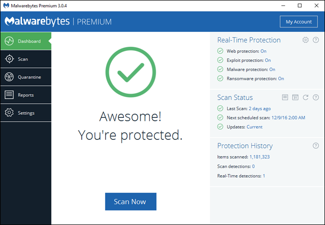 Скриншот интерфейса Malwarebytes с отображением настроек защиты