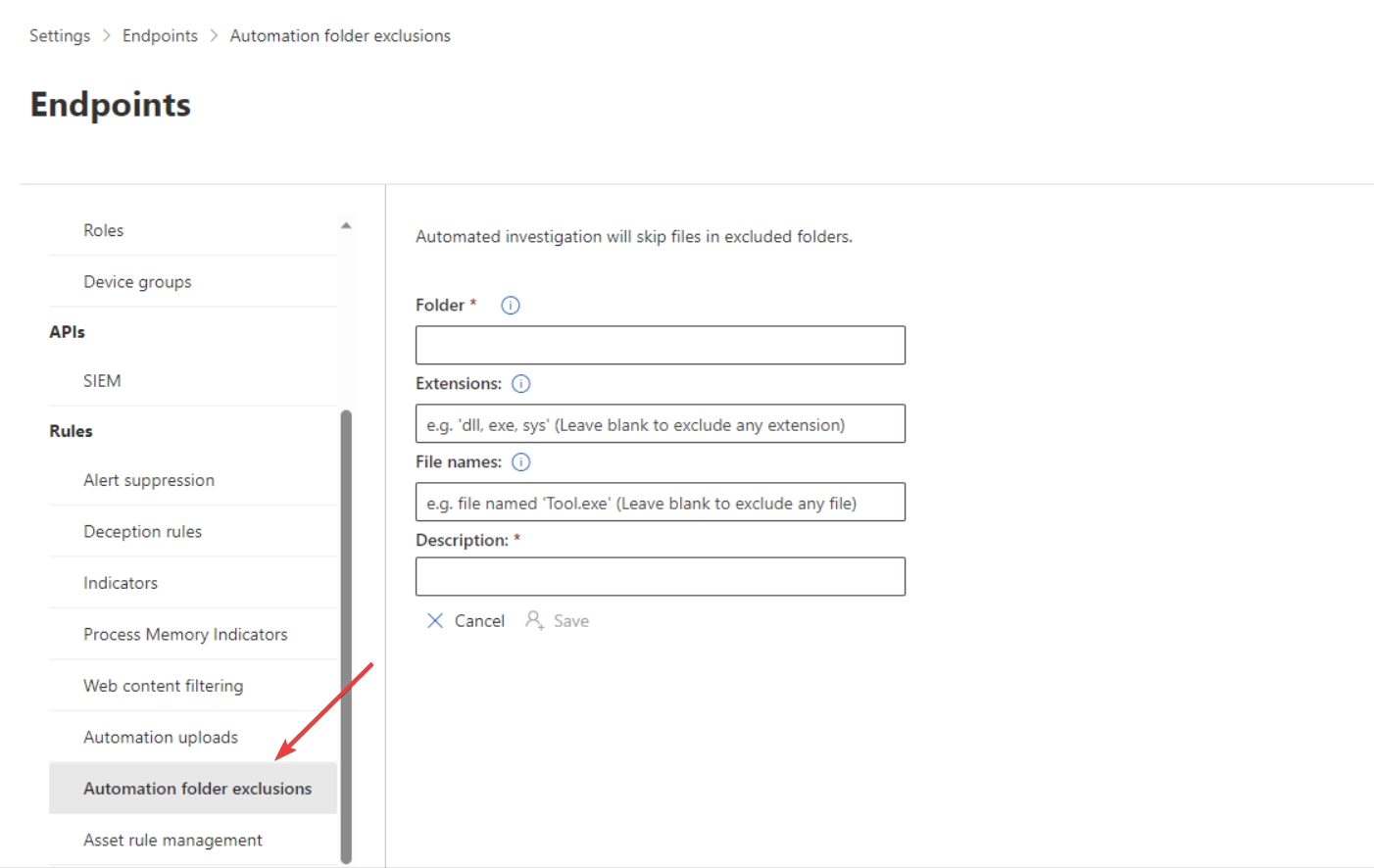Параметры исключений папки в Microsoft Defender XDR