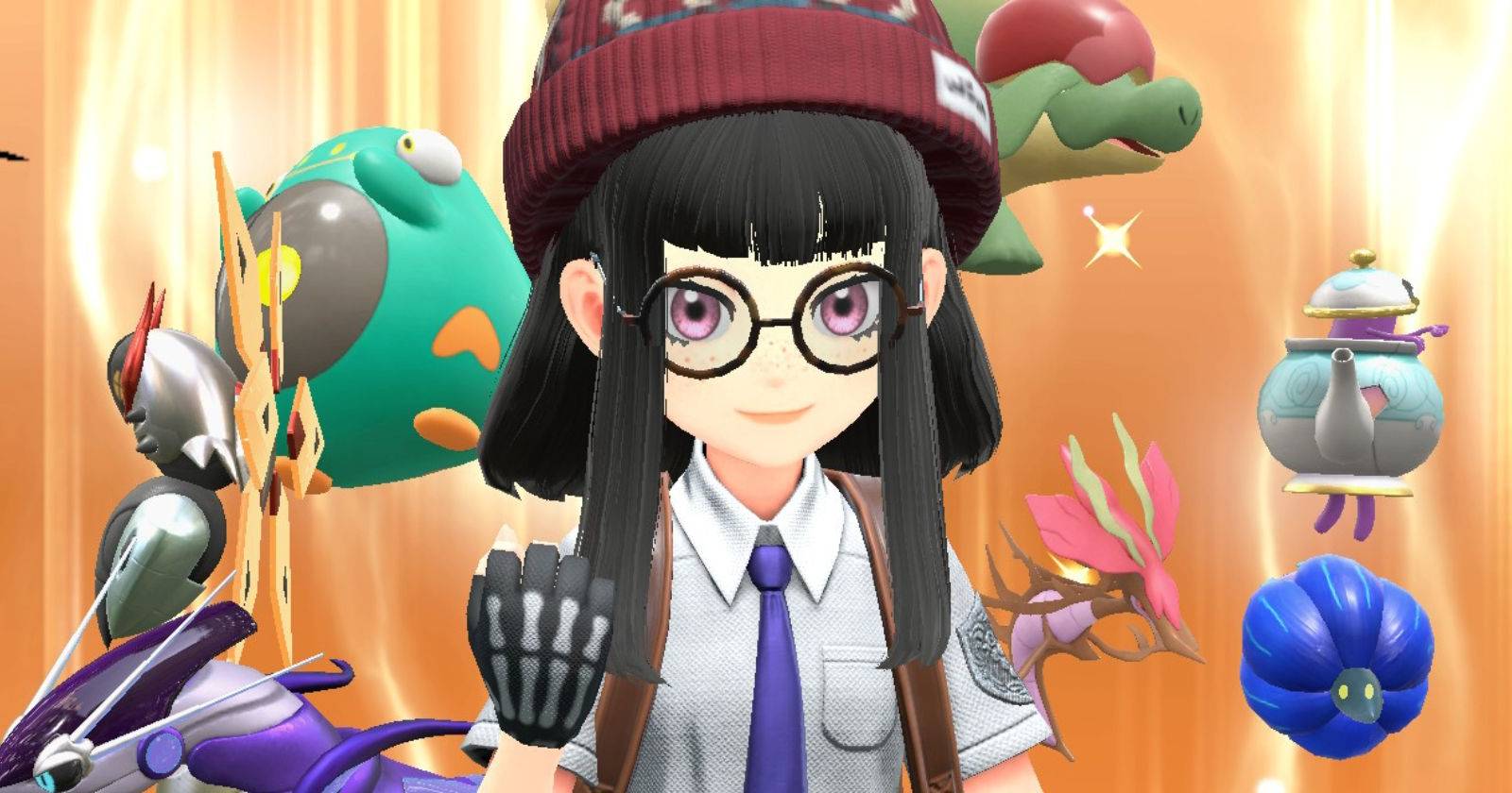 Главный герой Pokemon Scarlet и Violet и покемоны в анимации поедания сэндвича