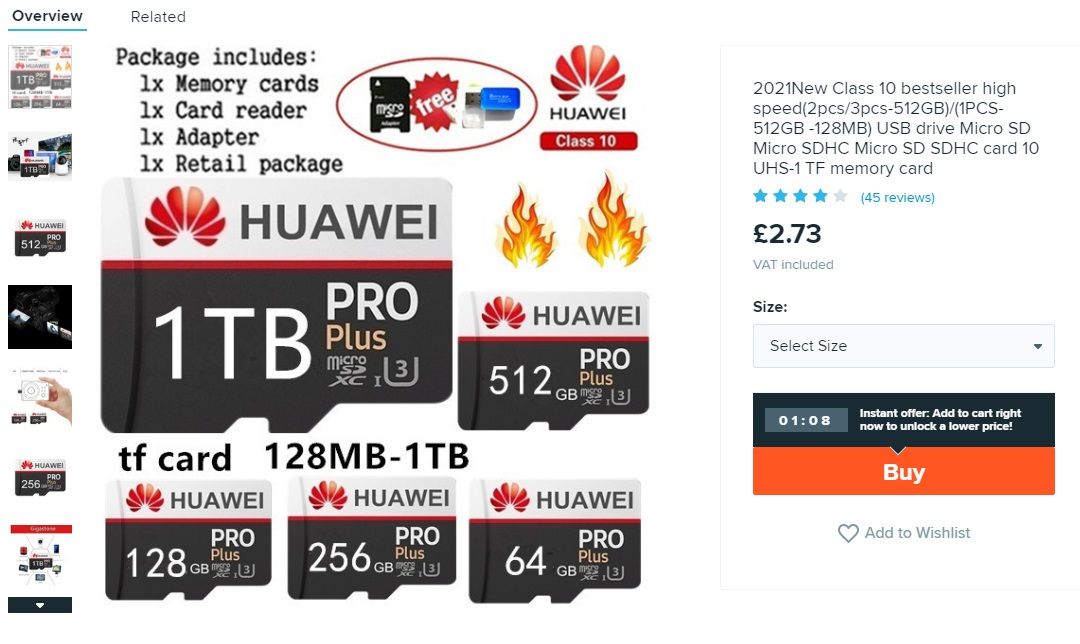 Скриншот объявления Huawei 1TB microSD на Wish с подозрительным брендингом