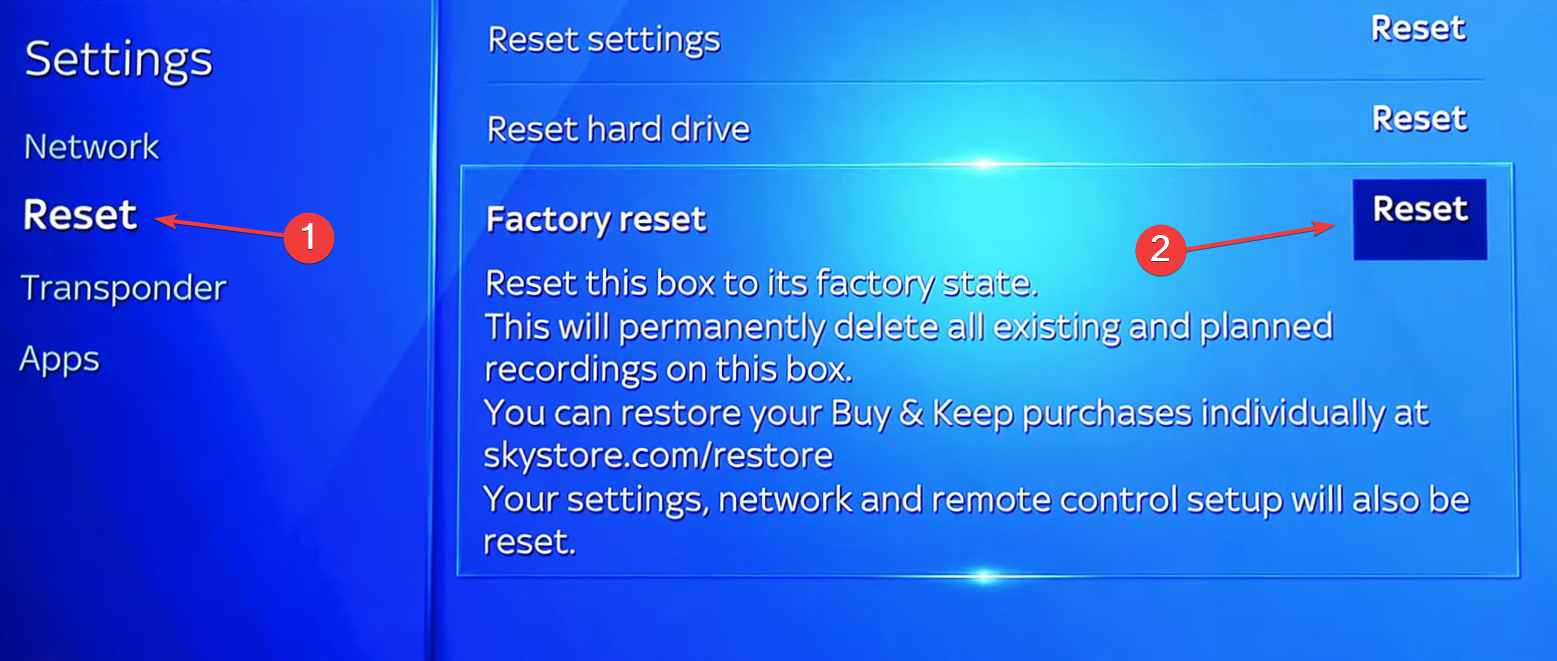 Экран 'Сброс до заводских настроек' на Sky Q