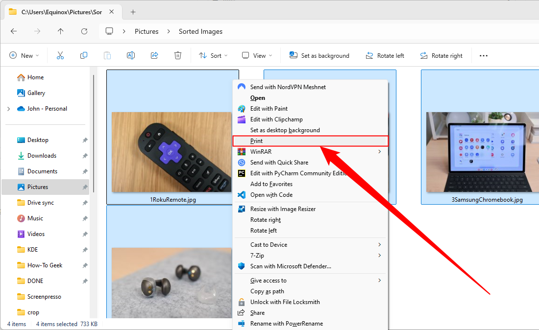 Выделение всех изображений и контекстное меню с командой 'Печать'.