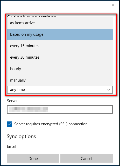 Параметры загрузки контента Mail Windows 10