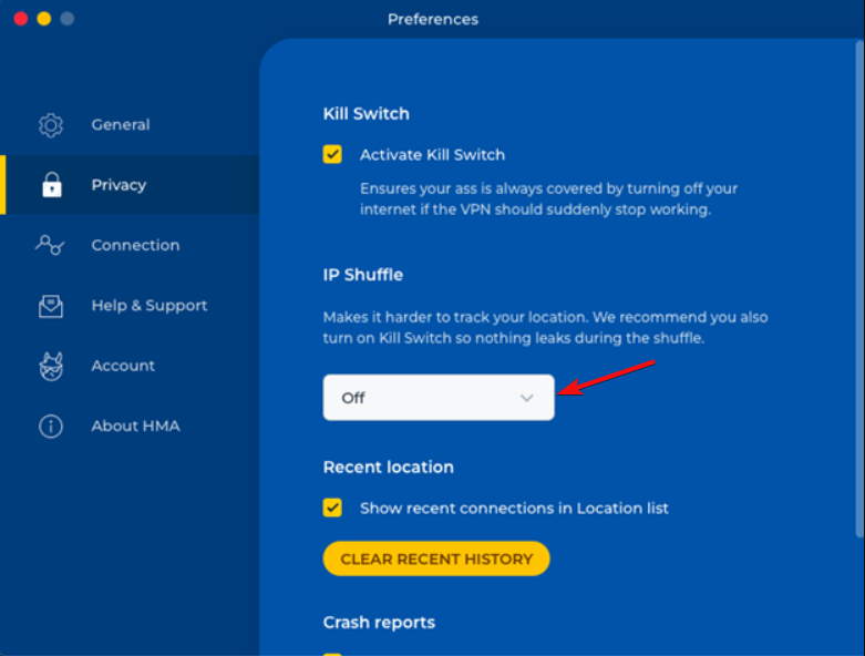 Скриншот: настройка IP Shuffle в HMA VPN