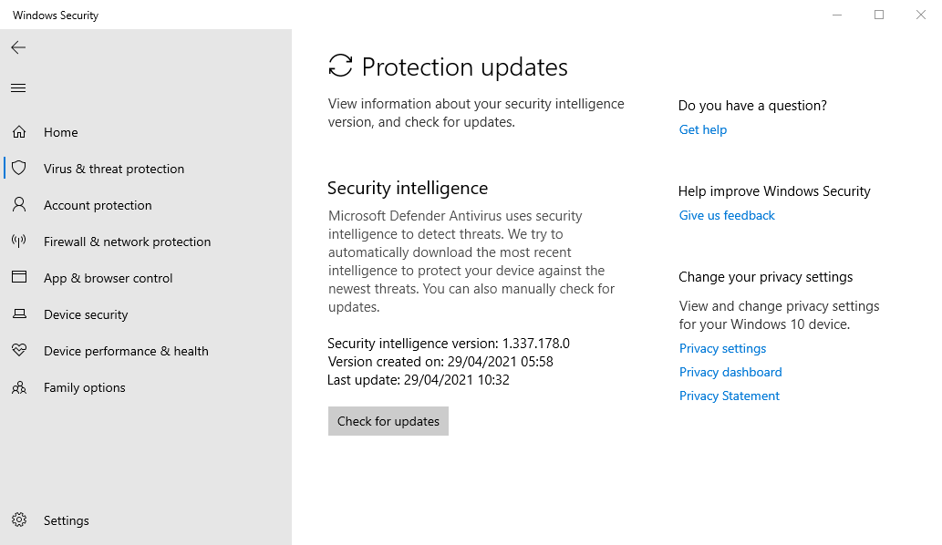 Обновление определений Microsoft Defender Antivirus в Windows Security