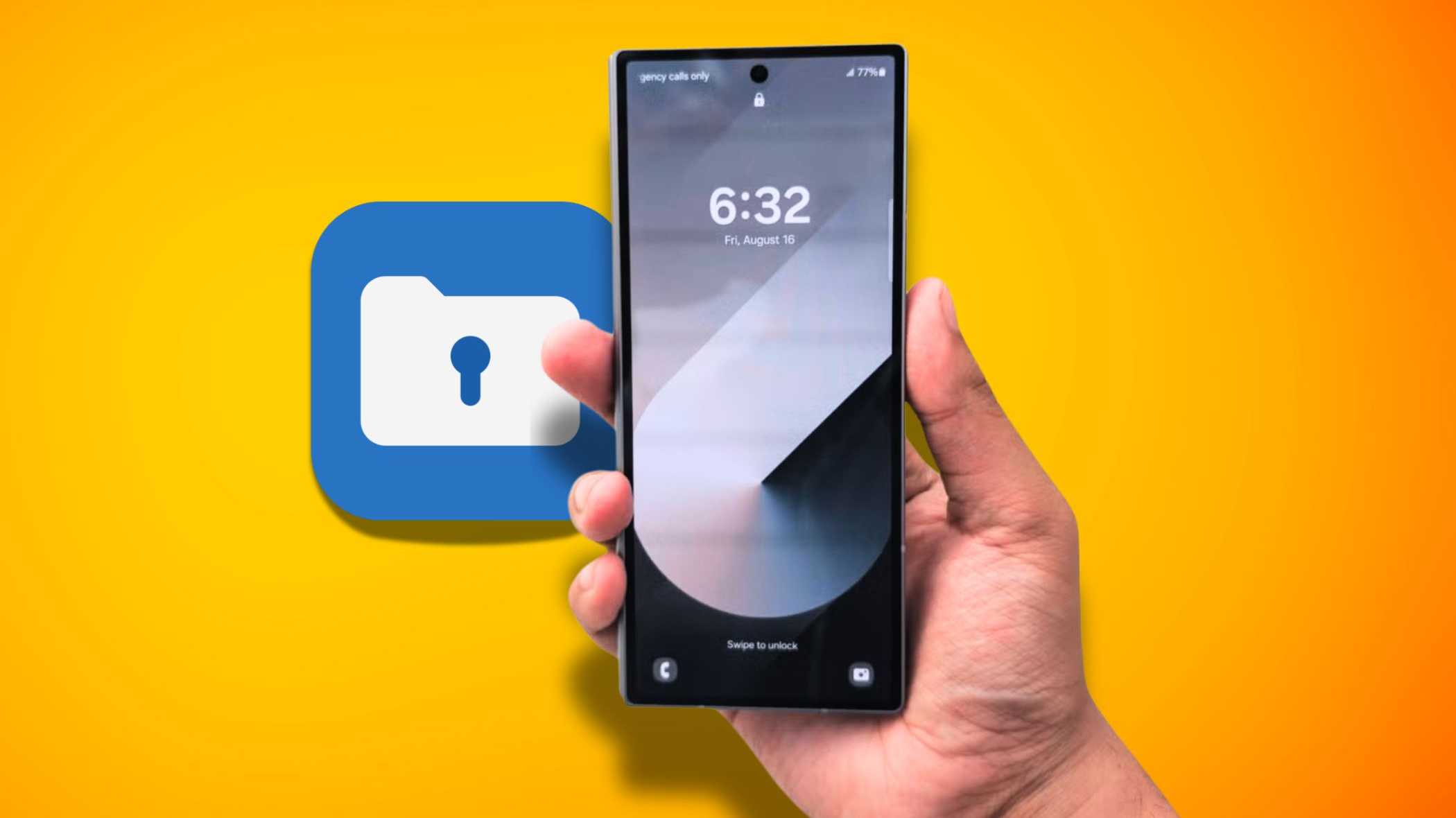 Рука держит смартфон Samsung с иконкой Secure Folder на жёлтом градиентном фоне