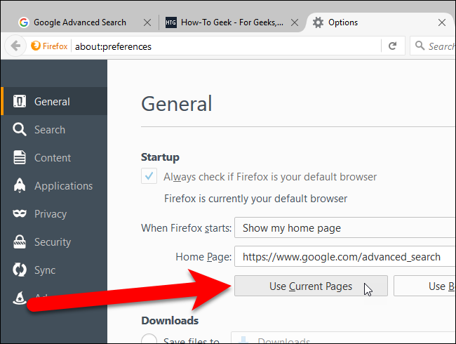 Кнопка Use Current Pages в Firefox