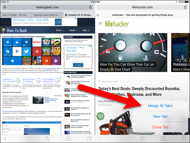 Выбор «Merge All Tabs» для объединения вкладок в одно окно