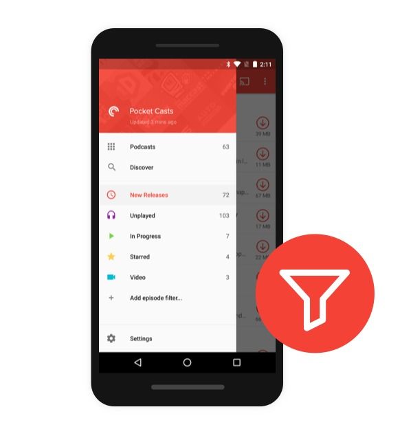 Экран фильтров эпизодов в Pocket Casts — настройки сортировки и фильтрации